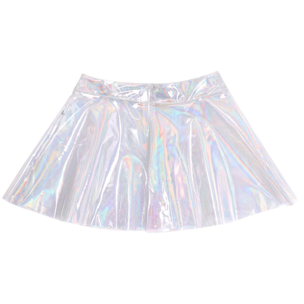 Женская Прозрачная Расклешенная Юбка Клубная Глянцевая Блестящая Высокая Талия Молния Сзади Мини-юбка