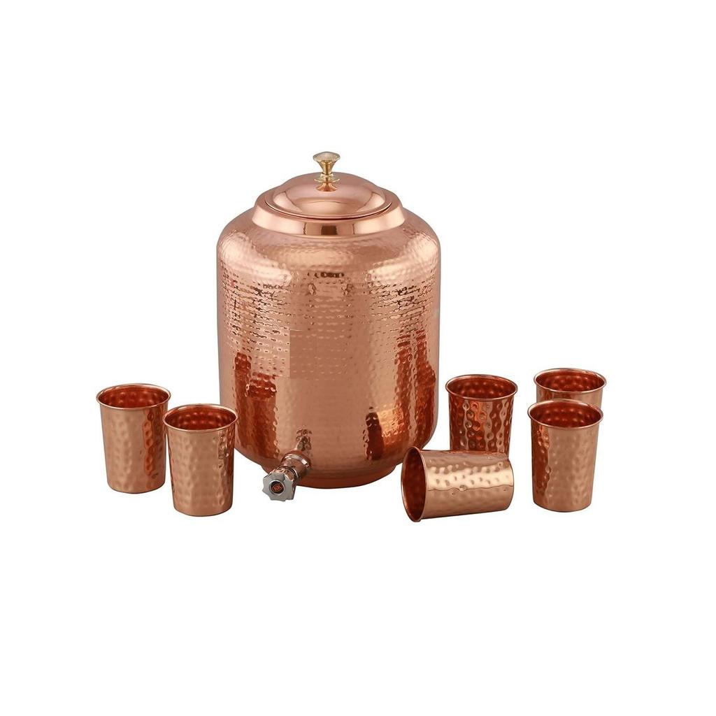 14 Litre Hammered Copper Water Dispenser (Matka) Container Pot with 6 Copper Glasse Pure Copper and Ayurvedic Health Benefits
