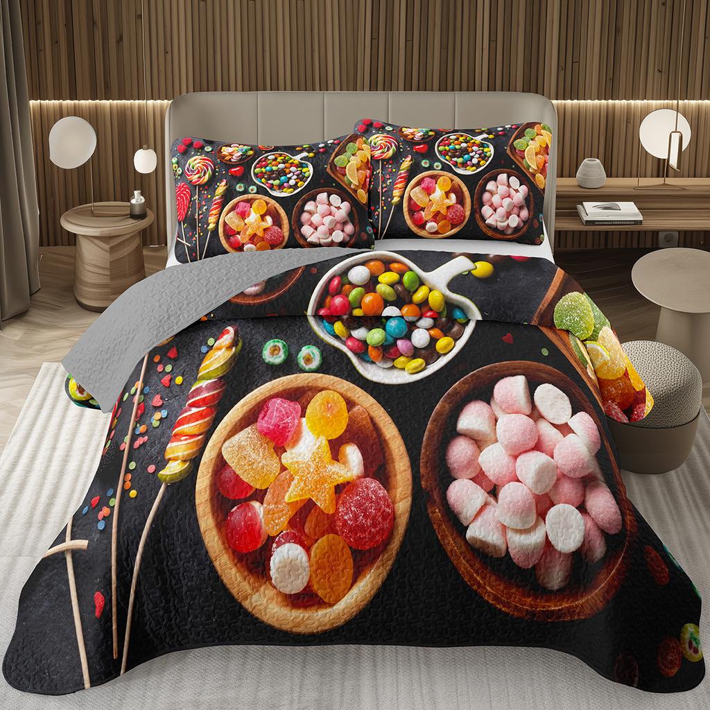 Сладкий Конфетный Комплект Квилтов для Девочек Мальчиков Подростков, Комплект Покрывал на Кровать на Тему Леденцов Кинг Десертное Стеганое Покрывало Мультяшный Стиль Покрывало на Кровать