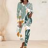 Women Plus Size Two Piece Set Round Neck Long Sleeve Leaf Printed Longline Top Fitted Pants