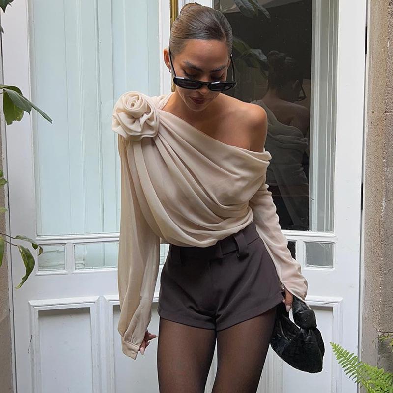 Trendy Chiffon Floral Mesh Off-Shoulder Long-Sleeve Top for Women