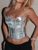 Rose Beauty A Rave Punk Metallic Silver Hook And Eyelet Lace Up Backless PU Leather Corset Shapewear Crop Clubwear Tube Top