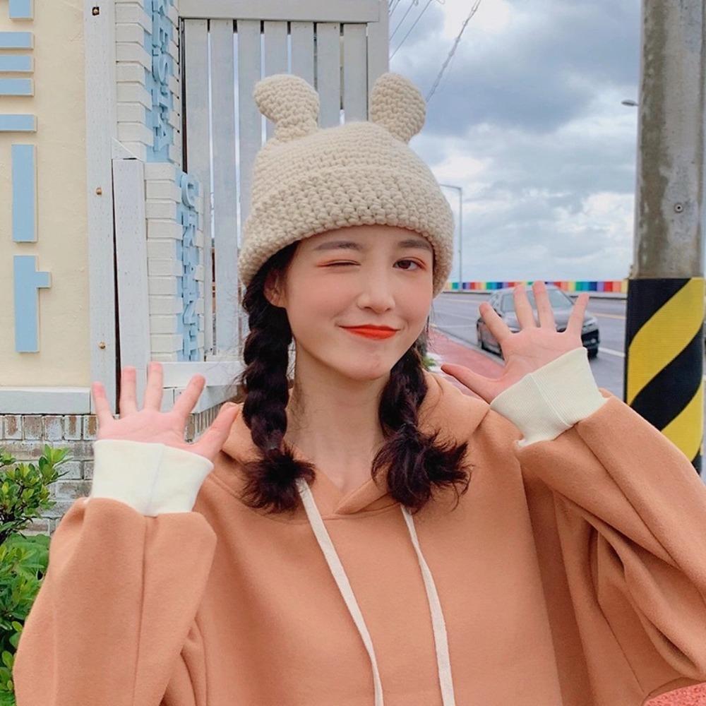 Crochet Winter Knitted Hat with Ears Knit Cap Creative Cartoon Skullies Beanie Men Women