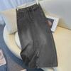 Women's High-Waist Denim Skirt, Black/Gray, Spring & Autumn 2024, Slit Mid-Length