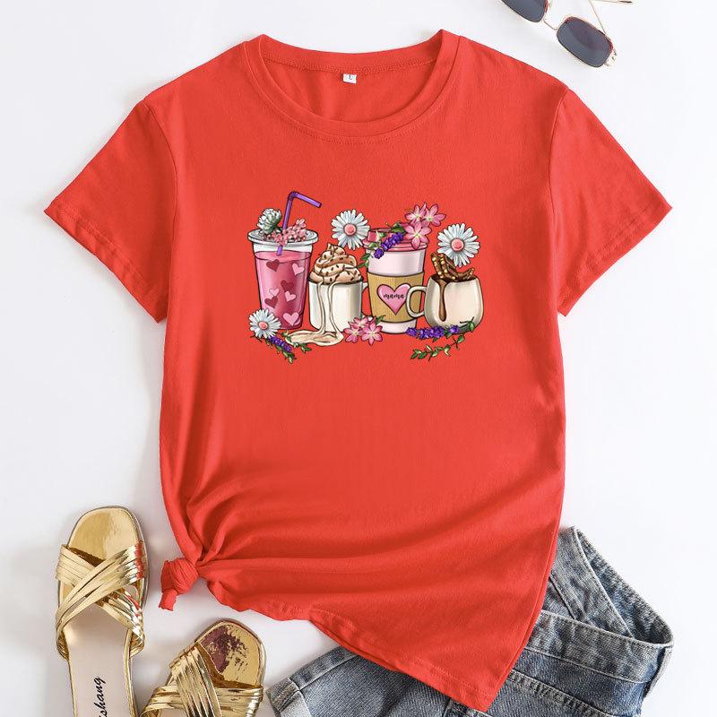 COTTON 100% Women's Milk Tea Cup Print round Neck Short-Sleeved T-shirt European And United States Style Casual Top Clothing