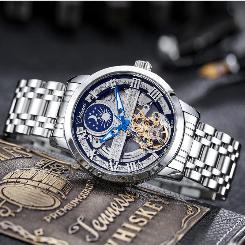 Tourbillon Moon Phase Wristwatch Luxury Hollow 3ATM Waterproof Stainless Steel Men Automatic Mechanical Watches Relojes Hombre