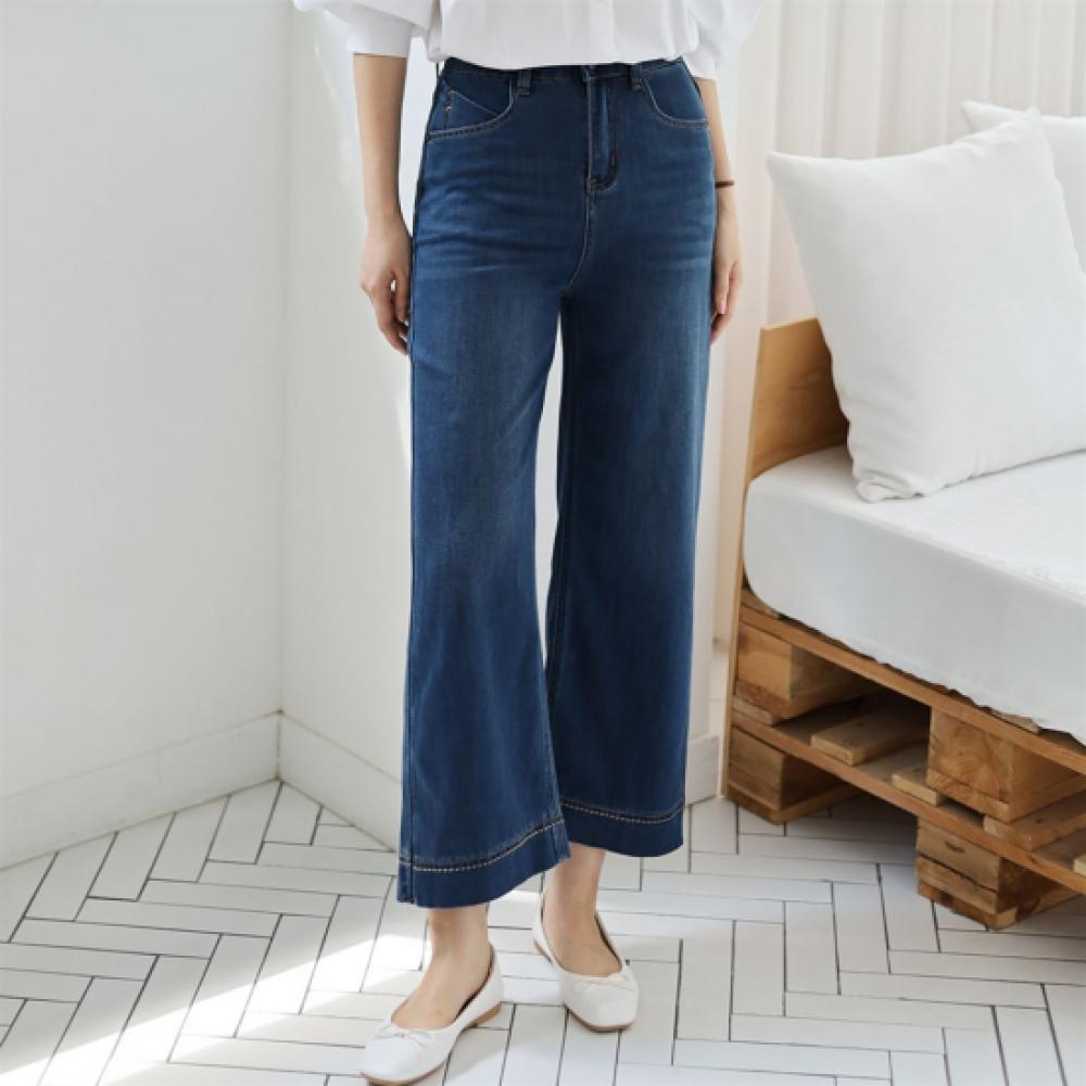 New Arrivals Open Run Women Stitch Wide Fit Dark Blue Washed Jeans Fall