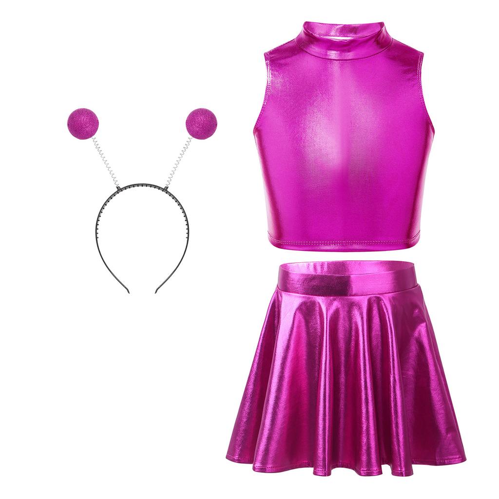 Костюм на тему инопланетянок, комплект: майка-топ, расклешенная плиссированная А-силуэта мини-юбка, аксессуар - обруч для волос, наряд на Хэллоуин