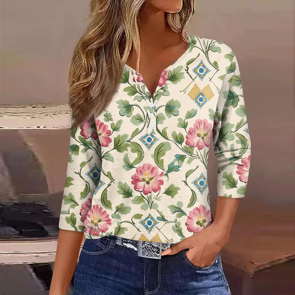 Женский свободный повседневный топ с цветочным принтом и V-образным вырезом с рукавами семь четвертей Топ с V-образным вырезом и рукавами семь четвертей