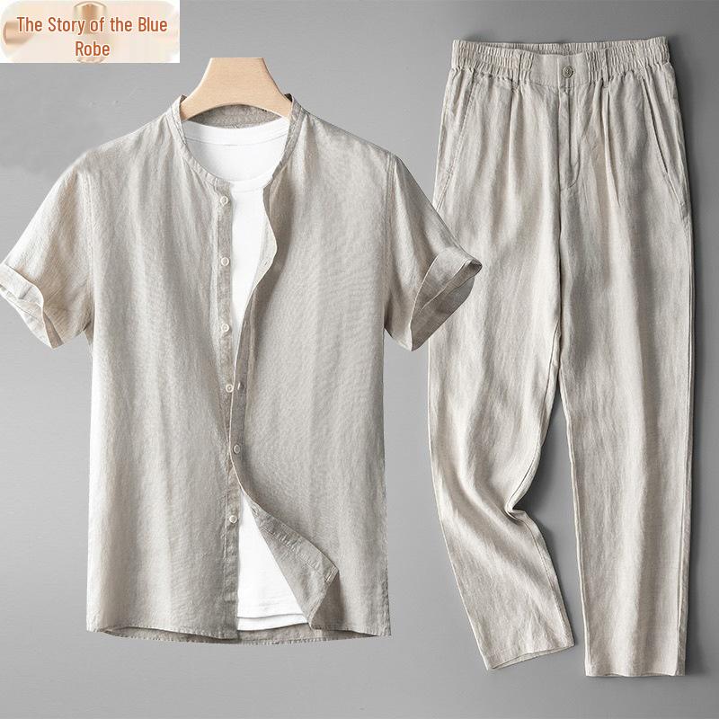 Men's Chinese Linen Tang Suit Set: Retro Long Sleeve Cotton Linen Casual Shirt Two-Piece.
