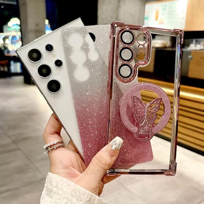 Чехол-держатель S25 24 23 с покрытием Butterfly для Samsung Galaxy S24 S25 S23 S22 S20 S21 Fe Plus Ultra Silicone Stand Cover для A24 A55 5G A53 A54