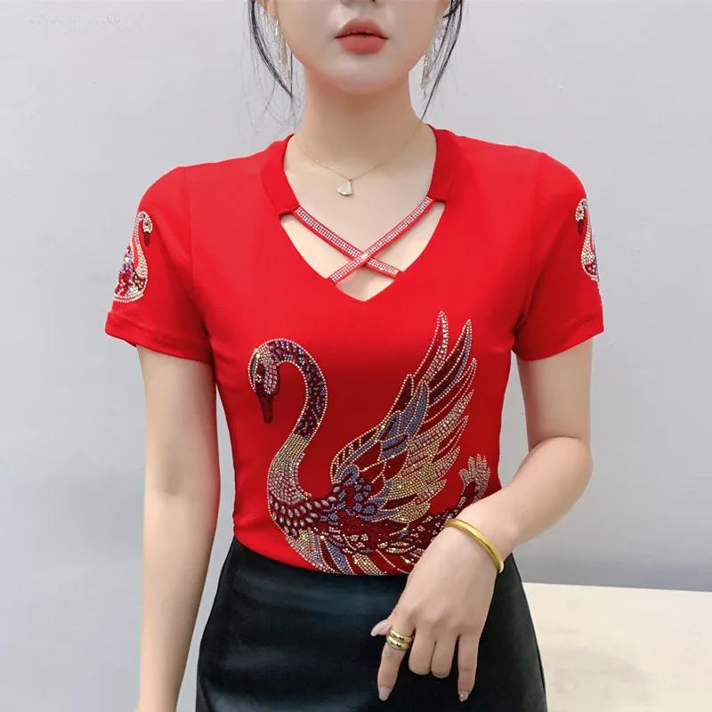 Summer Chic Women Clothes T-shirt Sexy Hollow Out Cartoon Swan Hot Diamonds Tops High Quality Female Luxury Slim Stretch Tees