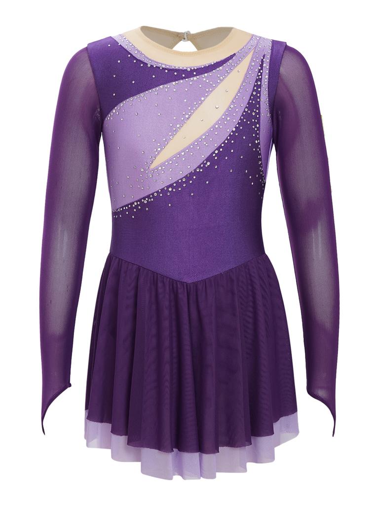 Kids Girls Sparkly Rhinestone Long Sleeve Figure Ice Skating Dress Ballet Modern Lyrical Dance Costume
