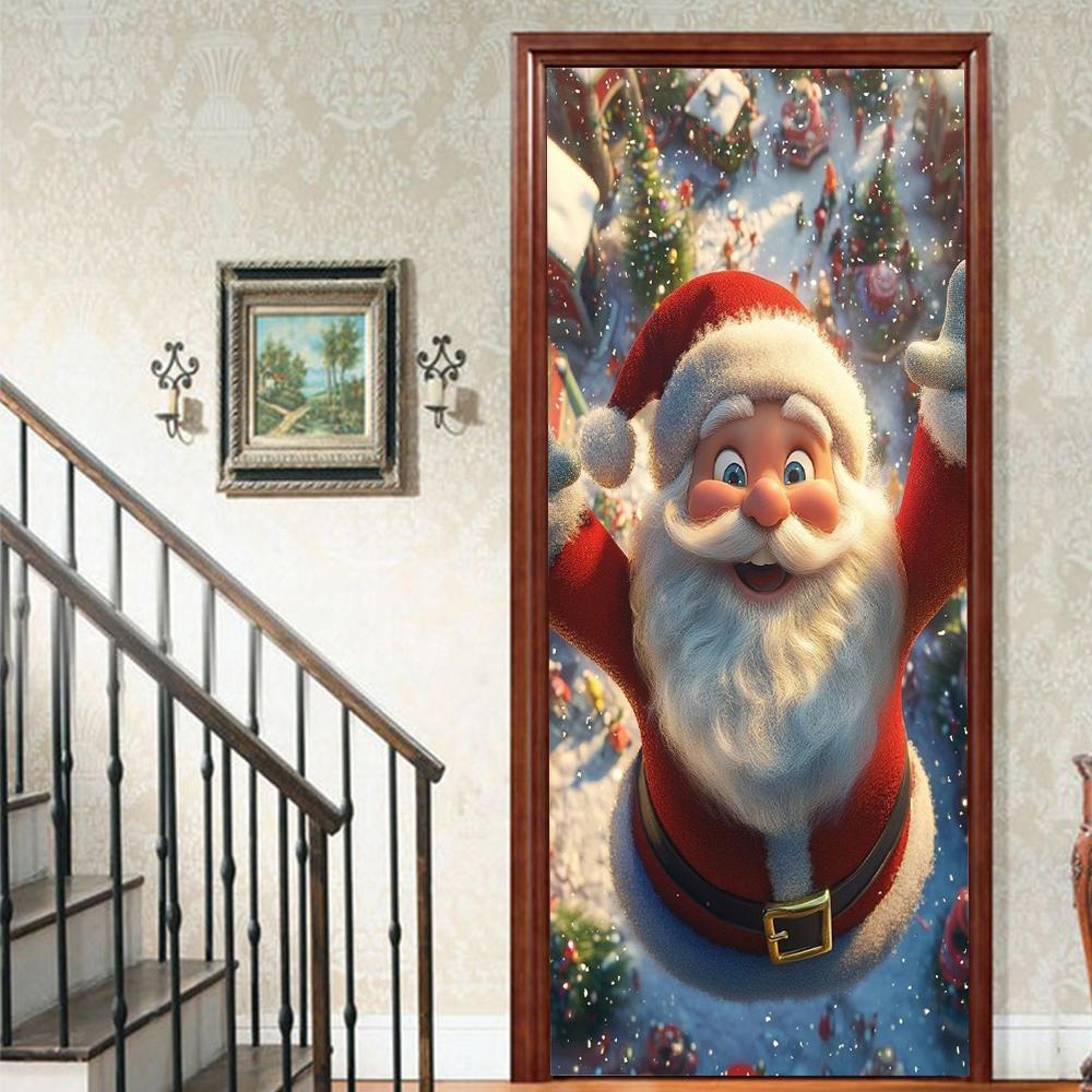Рождественский Дед Мороз ПВХ Самоклеящаяся Водонепроницаемая Наклейка на Дверь Современная Имитация Фреска Обои Гостиная Кабинет Домашний Декор Искусство Постер на Дверь