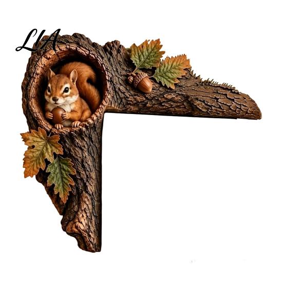 Decorative Tree Hole Sculpture Chipmunk Hollow Door Topper, Woodland Animal Frame Decor, Rustic Wood Charming Lodge Style Ornament Corner for