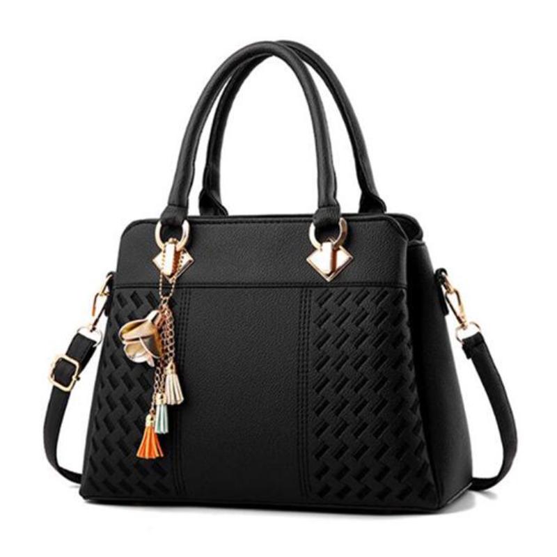 Women Tassel Leather Handbags Tote Top-handle Embroidery Shoulder Bag