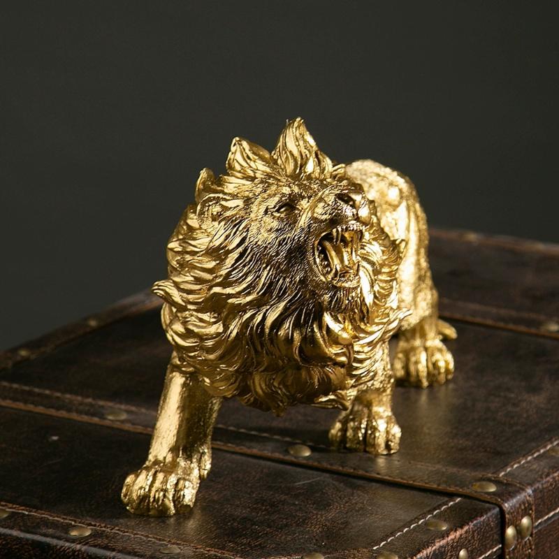 Lion Statue in Gold Resin Detailed Animal Sculpture Luxurious Home Bedroom Ornament