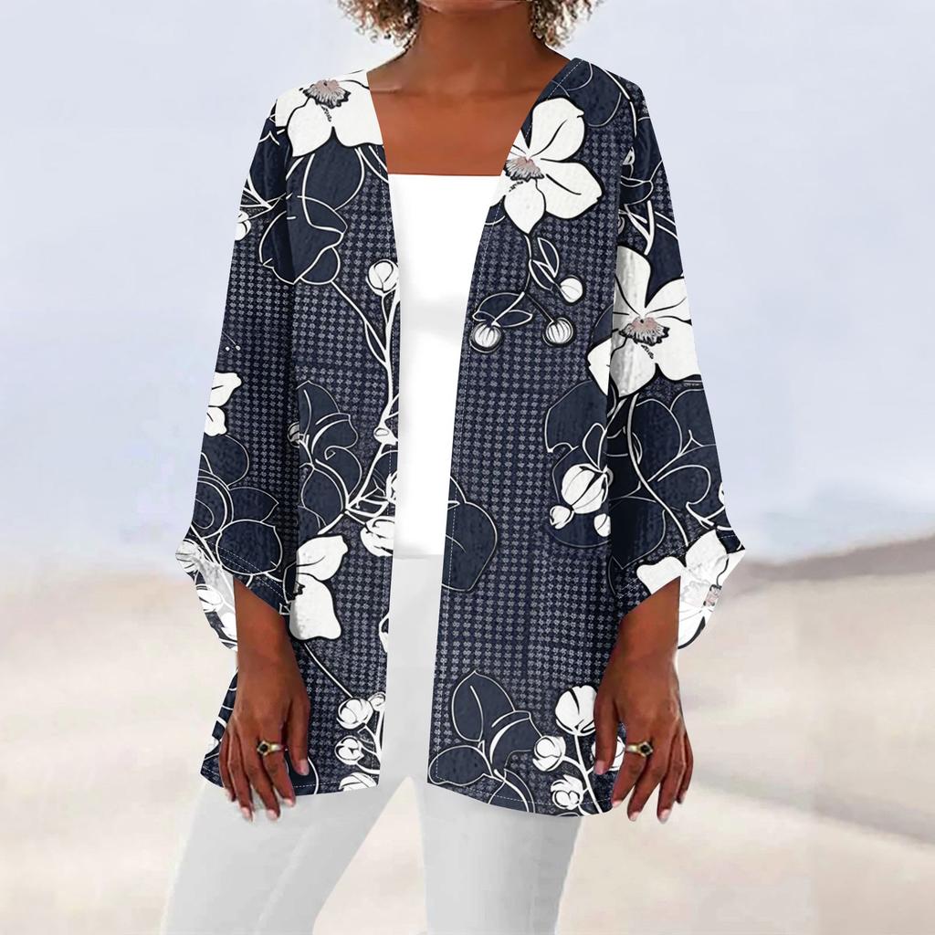 Women's Casual Fashion Caot Retro Printed Lightweight Medium Length Jacket Cardigan