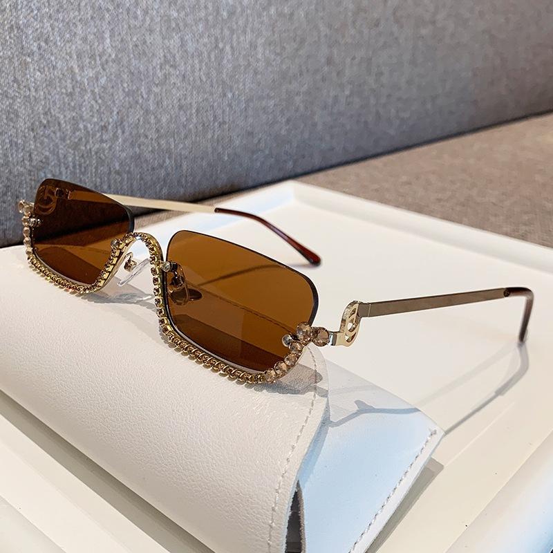 Vintage Half Rimless Sunglasses Women For Female Luxury Brand Designer Sun Glasses Punk Popular Diamond Metal Eyeglasses Uv