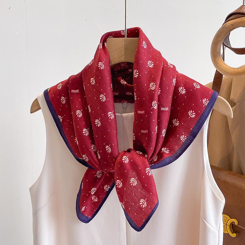 Women's French Red Cotton Silk Blend Scarf – 70CM Neck and Headscarf, Spring/Autumn Fashion Accessory