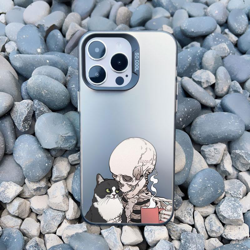 Роскошный Забавный Милый Чехол для Телефона со Скелетом и Кошкой для iPhone 16 15 Plus Pro Max 11 13 12 14 Pro Max 13 Mini Ударопрочный Лазерный Чехол