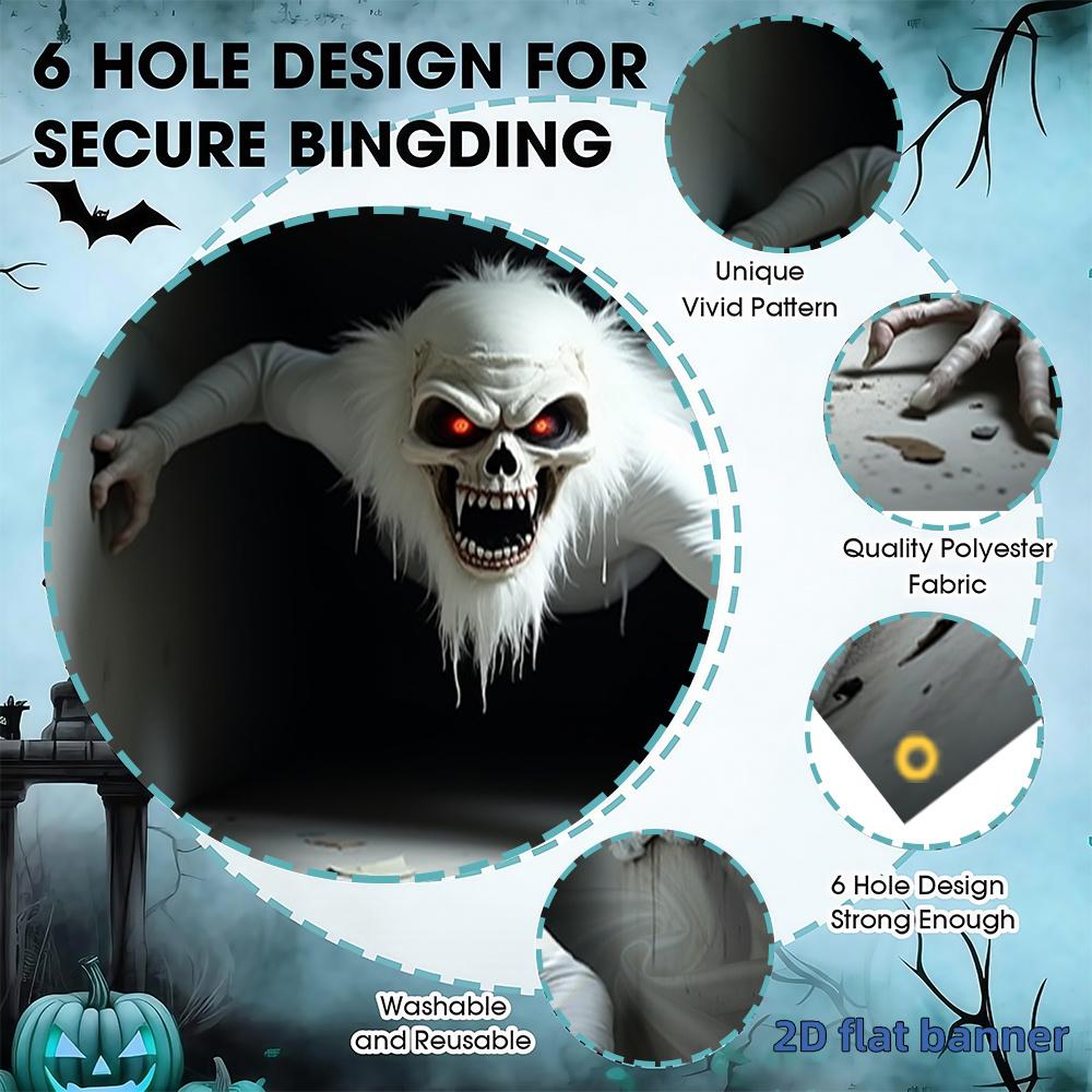 2D flat 1pc Halloween garage door banner - Terrifying white-haired monster polyester indoor/outdoor decoration for parties