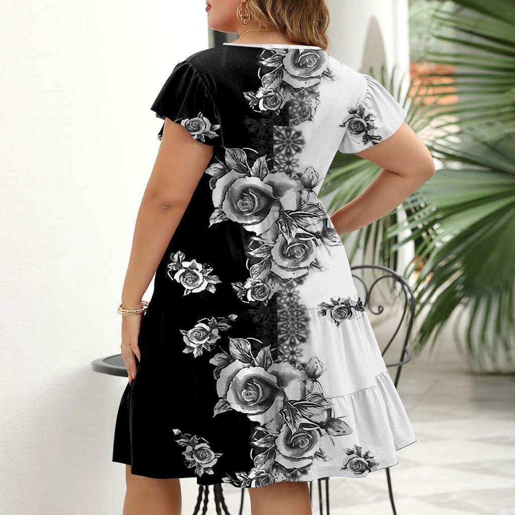 Летнее пляжное платье для женщин, большие размеры, свободная туника с v-образным вырезом, рюшами и короткими рукавами, удобное платье трапециевидной формы с большим подолом