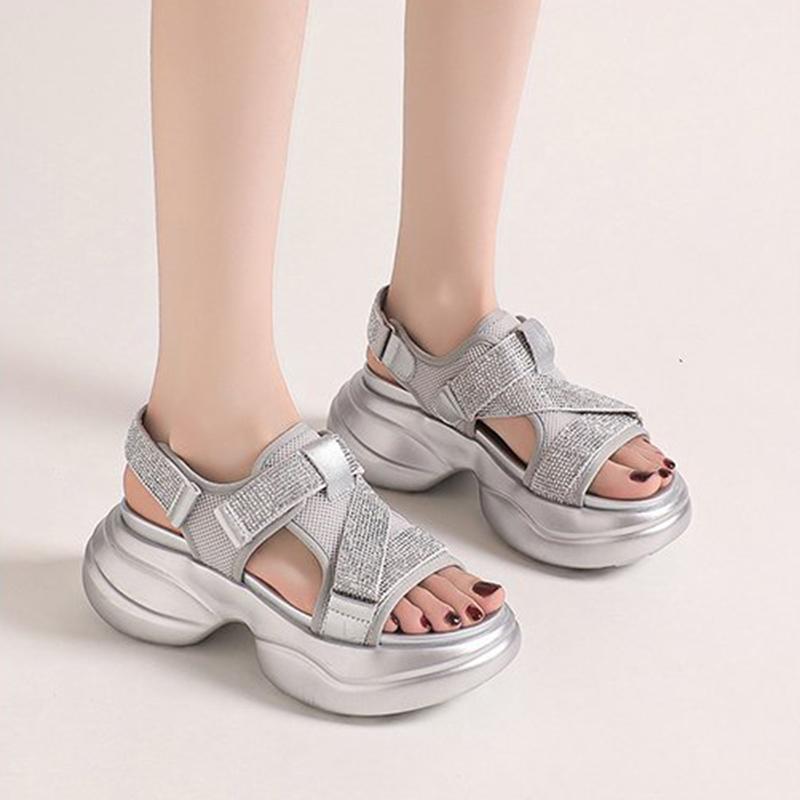 Летние повседневные сандалии со стразами на толстой подошве женские римские повседневные сандалии для улицы повышающие комфорт легкие спортивные сандалии на плоской подошве