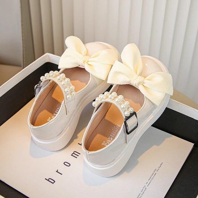 Children Fashion Leather Shoes for Girls Pearls with Bow Simple Platform Cute Princess Party Wedding Shows Kids Shoes Korean PU