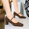 Women's Shoes with Thick Heel, Mid Heel, Shallow Mouth Splicing, Square Toe, Straight Line with Rhinestone Buckle, Single Shoe, Mary Jane Shoes