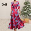 Fall Spring Maxi Dress Cross V Neck Three Quarter Sleeves Colorful Print A-line Big Swing Slim Waist Dating Shopping Banquet Long Dress
