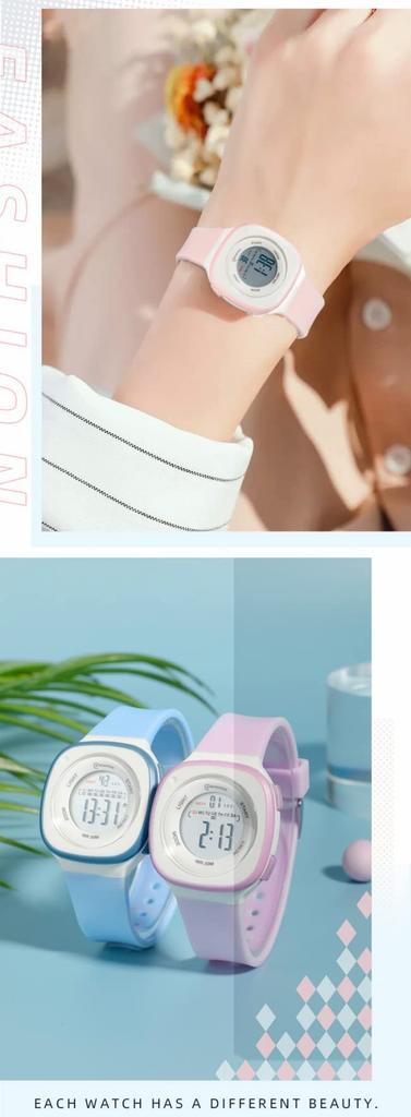 MINGRUI Rectangle Digital Watch for Kids Round Time Daily Japanese Instruction Manual Pastel Elementary School Junior High School High School Students