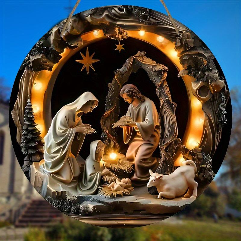 Деревянный знак с изображением рождественской сцены, эффект рельефа 2D Иисуса, круглый орнамент для церкви, входной двери, идеальный настенный декор, простая и стильная дверь туалета