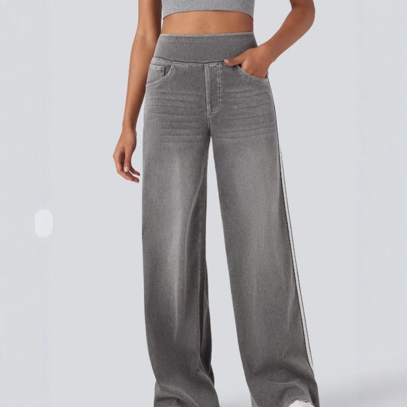Womens Vintage Washed Striped Jeans High Waist Loose Wide Leg Trousers Streetwear