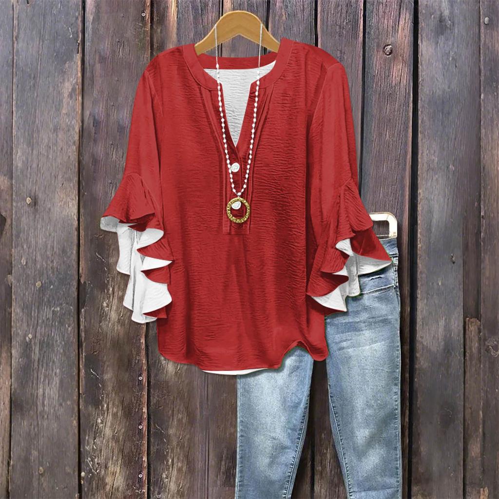 Women's Fashion Casual Button V-Neck Seven Sleeve Vintage Solid Color Shirt Top