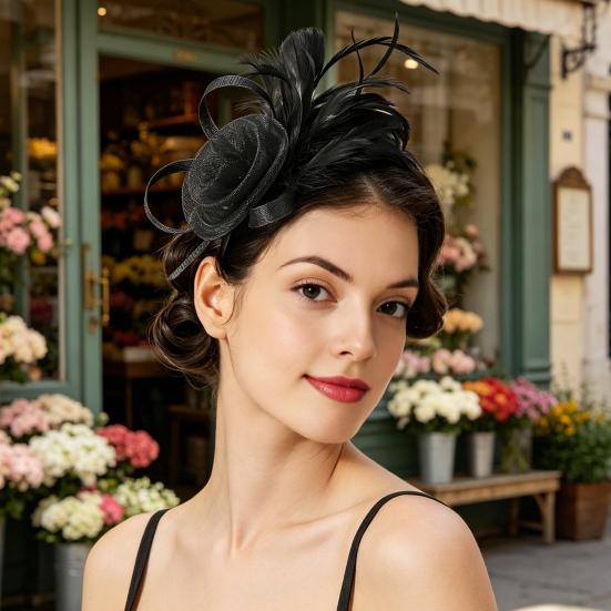 Ретро-ободок-fascinator из сетки и перьев с цветочными акцентами для женщин - Идеально подходит для чаепитий, коктейльных вечеринок или свадеб