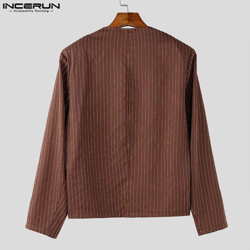 INCERUN Двухсекционный мужской круглый вырез полосатый разрез длинный рукав рубашки повседневный костюм брюки комплекты