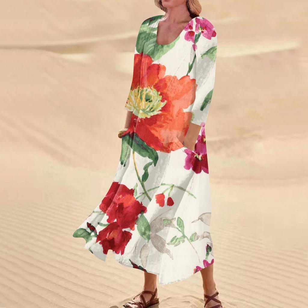 Женское повседневное удобное хлопковое карманное платье с цветочным принтом и рукавами три четверти