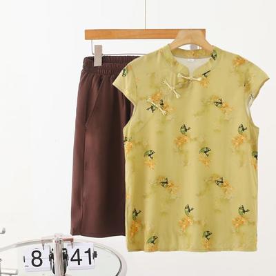 Женский летний хлопково-шелковый тонкий комплект с коротким рукавом, свободный ципао, новый китайский стиль, большой размер, искусственный хлопок, комплект из двух предметов