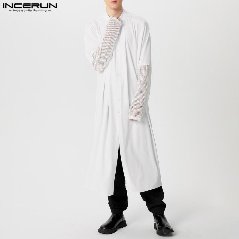 INCERUN Мужские рубашки с длинным рукавом и пуговицами, длинные, с разрезами, лоскутные туники, топы