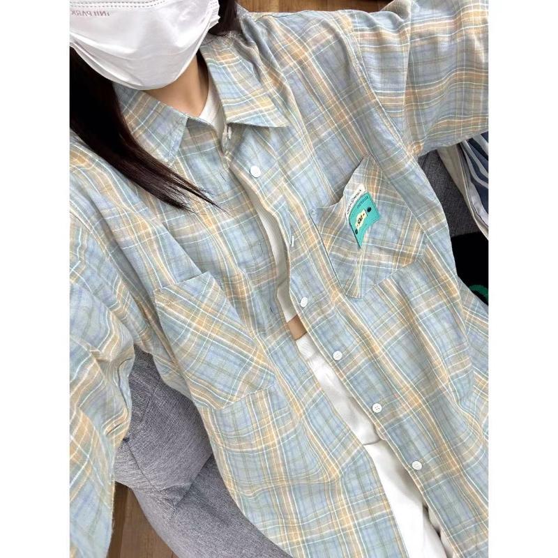 Весенне-осенняя женская рубашка с воротником поло, свободная повседневная клетчатая блуза, большой кардиган, женская блузка в корейском стиле