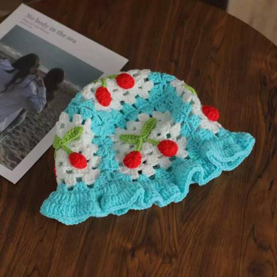 Мультяшная шерстяная шапка с аппликацией из вишни, вязаная шапка, детский головной убор цвета конфет, детская шляпа-ведро, детская вязаная шапка для фотосъемки, дни рождения, вечеринки на открытом воздухе, кепка