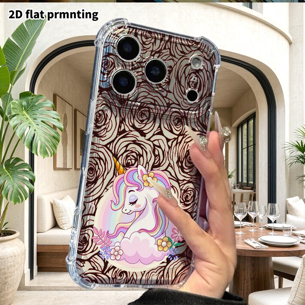 Phone Case: 2D flat design, fits iPhone 18 17 16 15 14 13 Pro, transparent corners protection case, rainbow unicorn, Christmas and Halloween gift