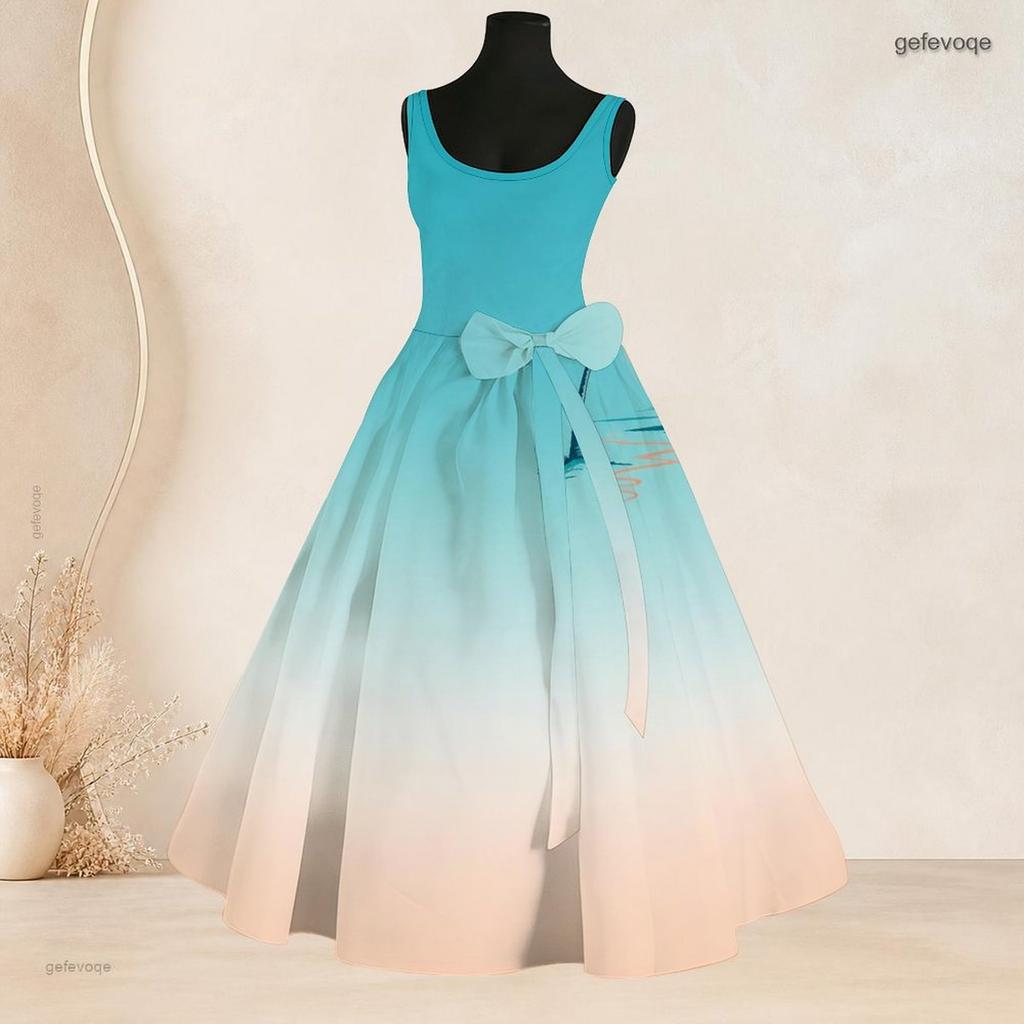 Women Plus Size Round Neck Sleeveless Gradient Printed A Line Bow Waist Dress