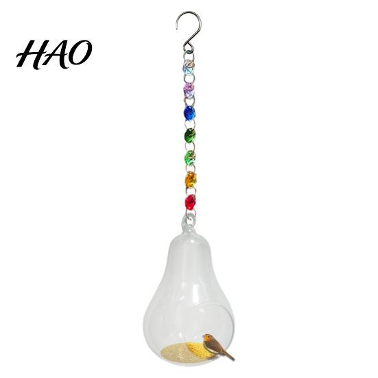 Decorative Glass Bird Feeder Fruit Feeder, Clear Pear with Metal Faux Crystal Chain Feeding Station Hanging Chain, Wild for Garden Patio Backyard