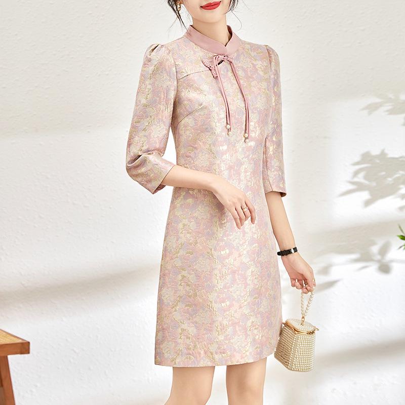 Spring New Arrival Gold Silk Jacquard Slim Waist Dress - Women's Fashion