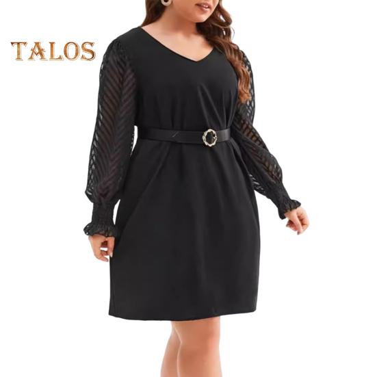 Платье больших размеров с V-образным вырезом, кружевной отделкой, расклешенным длинным рукавом, мини-платьем с высокой талией, однотонное повседневное мини-платье