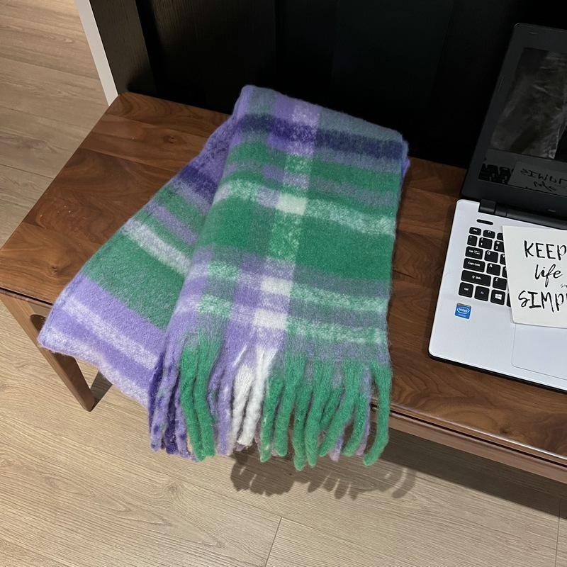 Rainbow Plaid Autumn and Winter Imitation Cashmere Thick Beard Scarf for Female Students Couple Mohair Warm Scarf Thick Shawl