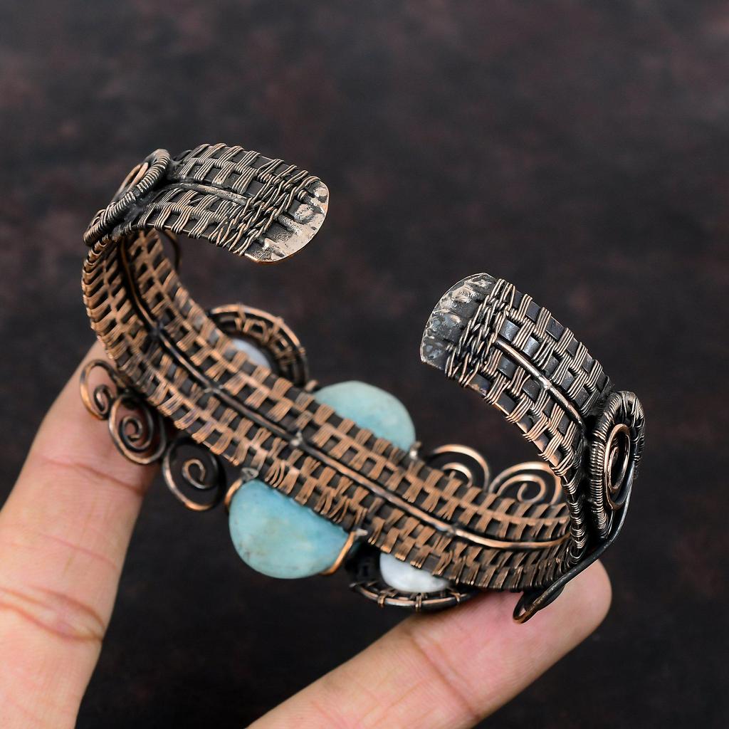 Браслет-манжета с гемиморфитом, браслет-манжета из медной проволоки, браслет-манжета из лунного камня, ювелирные изделия из драгоценных камней, регулируемый браслет ручной работы, подарки на годовщину