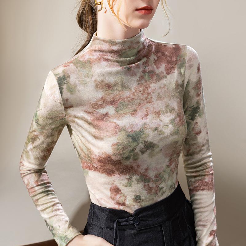 Базовая рубашка с полуворотником для женщин, футболка с длинными рукавами и контрастным цветным принтом, облегающий топ